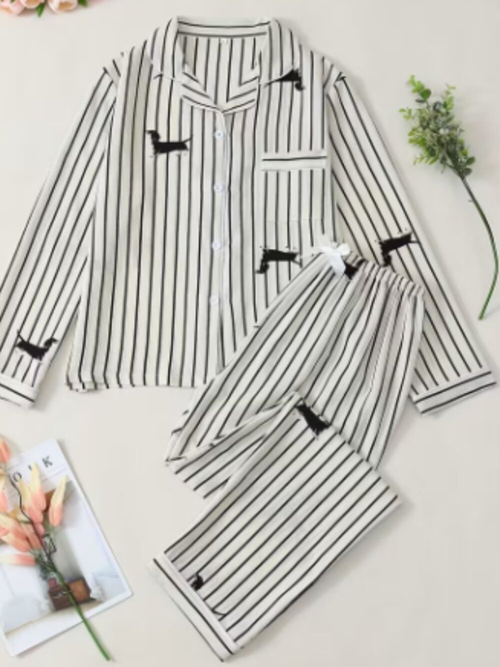 New Black White Striped dachshund Print Pajama Set XL